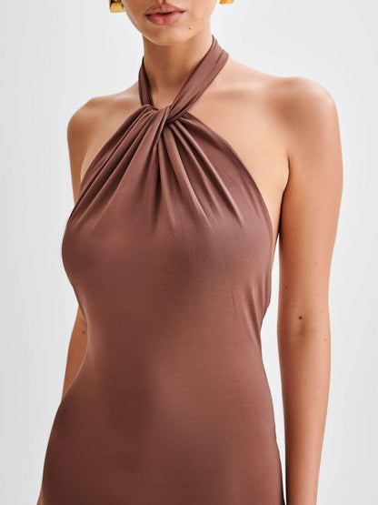 VIOLETA – VESTIDO HALTER SATINADO ELÁSTICO